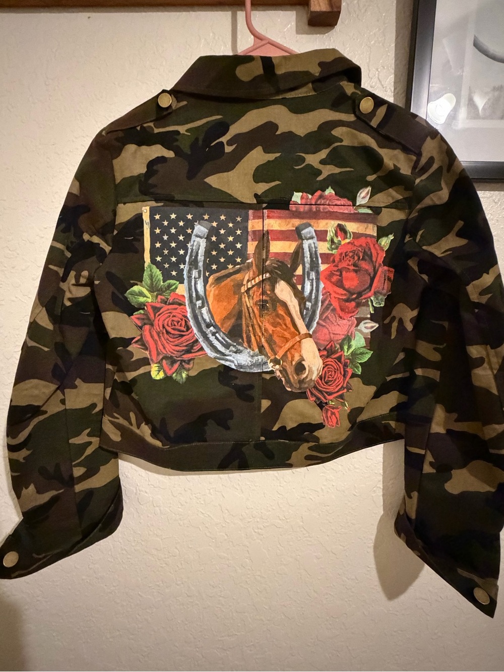 Rodeo Quincy Camo Cropped Jacket with Horse, Horseshoe & Roses Back Patch